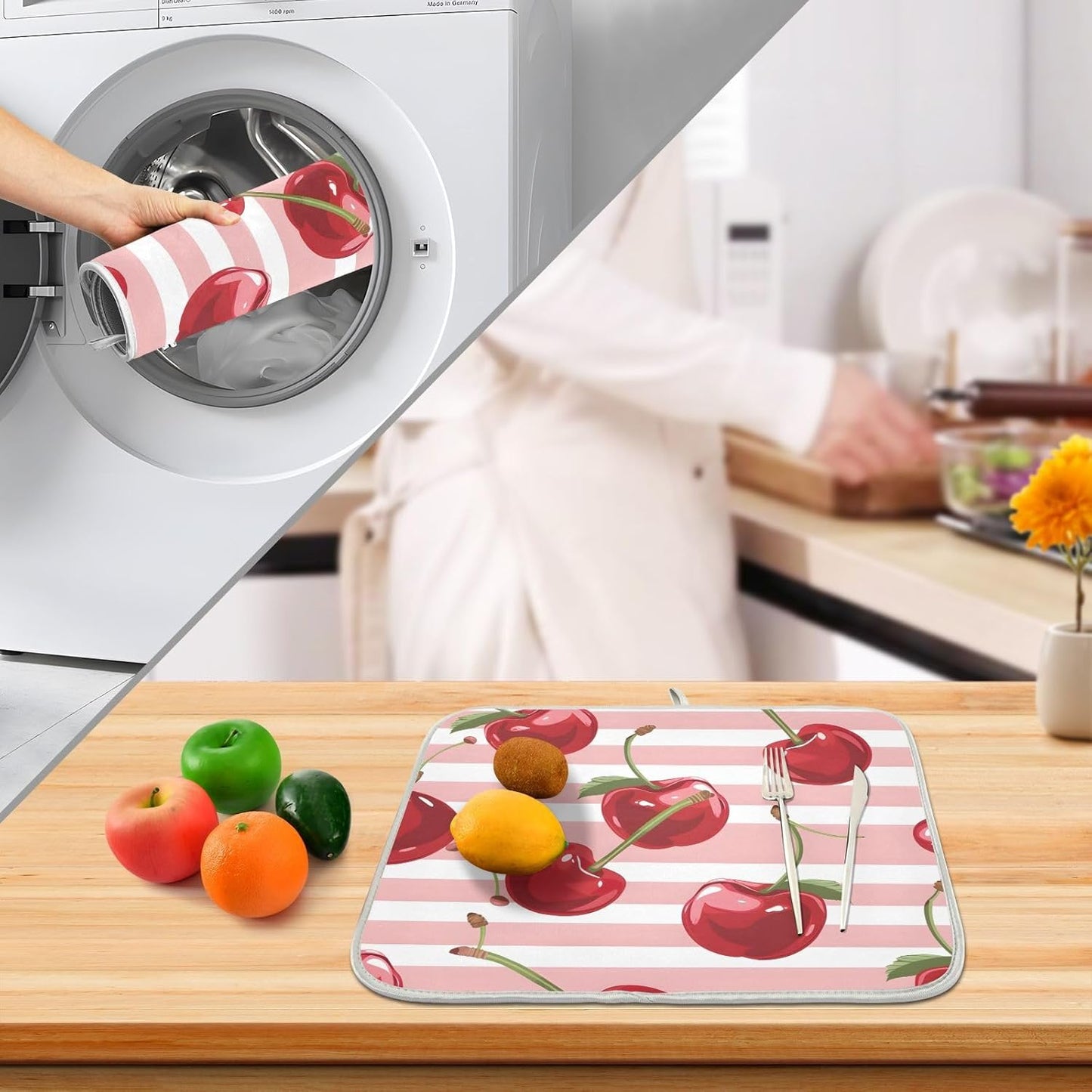 Pink Striped with Cherries Dish Drying Mat Dishes Pad Absorbent Fast Dry Dish Drainer Mat Protector for Kitchen Counter 18x14 Inches