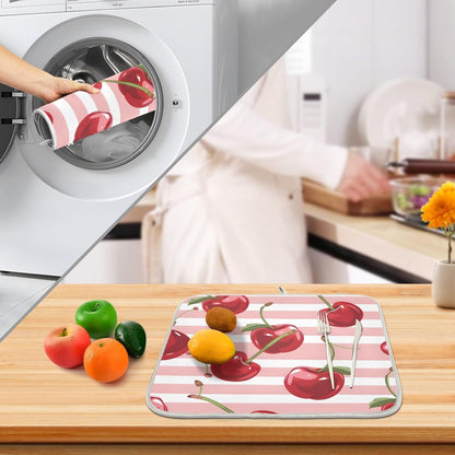 Pink Striped with Cherries Dish Drying Mat Dishes Pad Absorbent Fast Dry Dish Drainer Mat Protector for Kitchen Counter 18x14 Inches