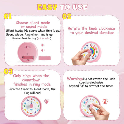 HIPPIH Visual Timer for Kids, 60 Minute Countdown Timers for Classroom Kitchen Office, Rainbow Disk Desk Timer Clock with Silent Operation, Pomodoro Timer Time Management Tools for Toddler ADHD Pink