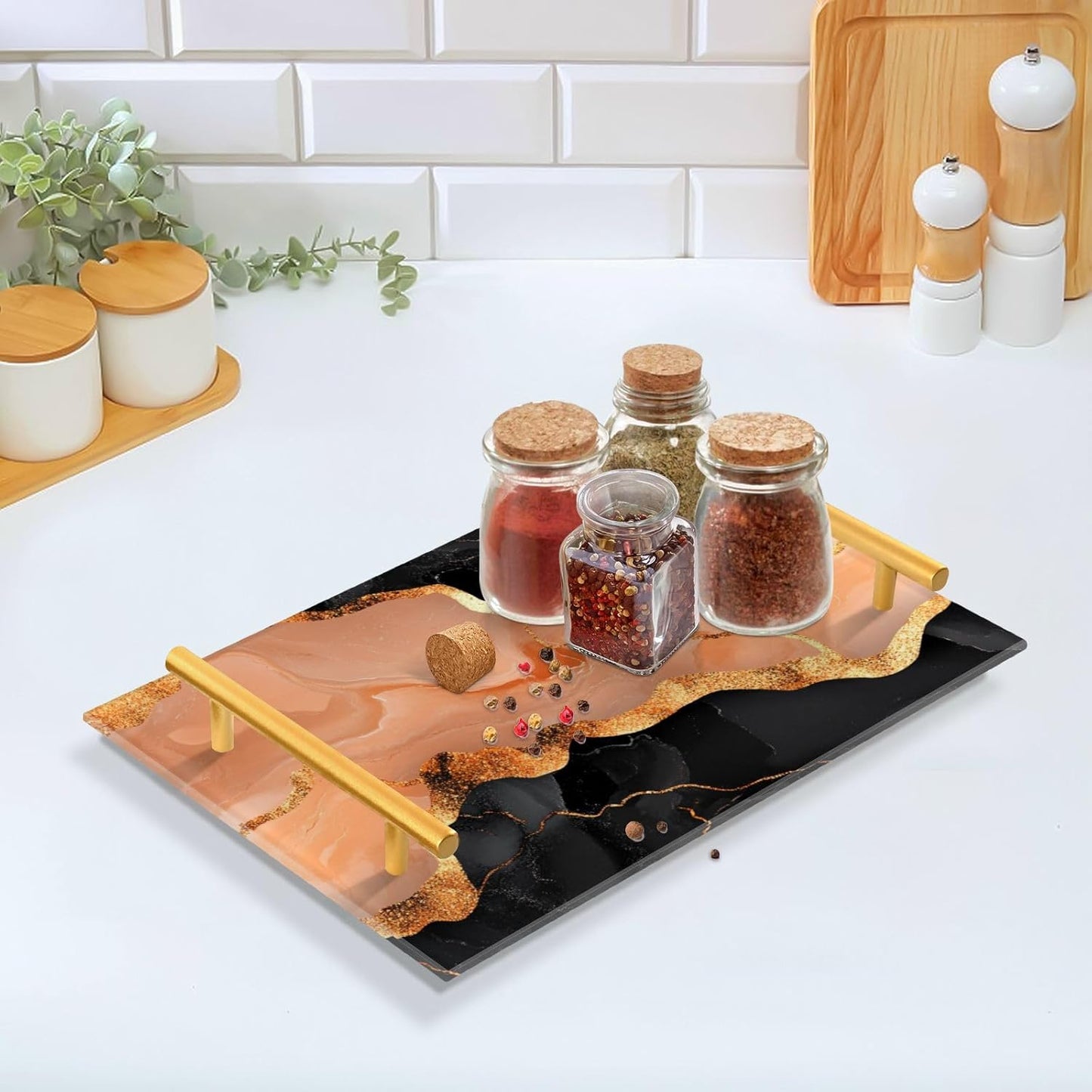 Marble Black Peach Decorative Snack Tray with Handles Living Room Tray for Jewelry Perfume for Dinner Serving bandeja desayunos sorpresa para cumpleanos