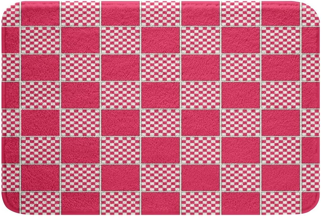 Erosebridal Hot Pink Checkered Bath Mat for Bathroom Gingham Buffalo Plaid Door Mat for Bedroom Geometric Grids Bathroom Rug Non Slip,Modern Entrance Rug 20"x32"