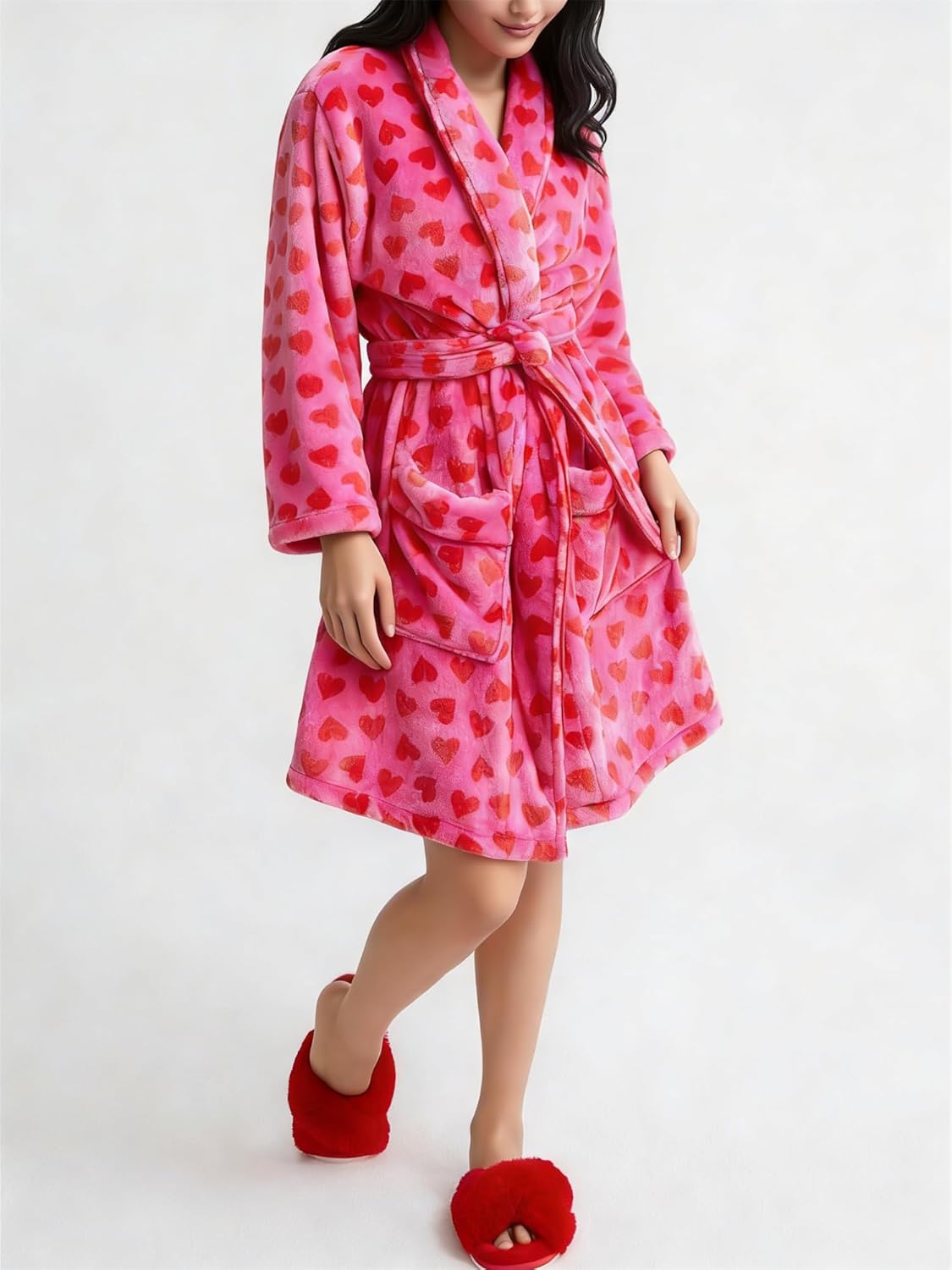 Christmas Fuzzy Fleece Robes for Women Cozy Plush Bathrobe Shawl Collar Warm Winter Short Robes with Belt Pockets