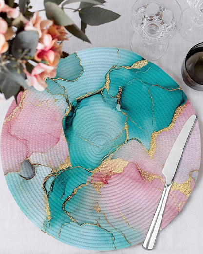 Teal Pink Marble Round Placemats Set of 4 Abstract Ink Painting Luxury Modern Place Mats Indoor Woven Table Mats Washable Heat-Resistance Braided Dining Table Placemats for Kitchen Holiday 15 Inch