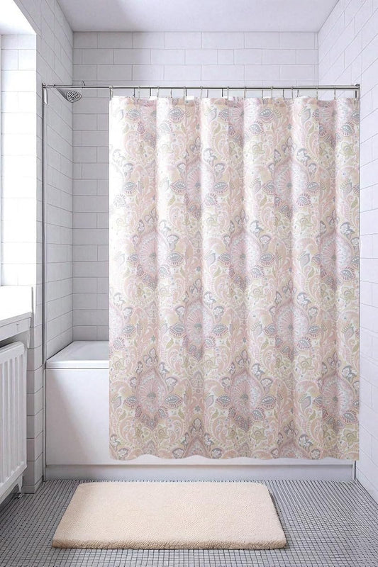 Serafina Home Luxury Decorative Pink Fabric Shower Curtain for Bathroom: Floral Damask Pattern in Soft Pastels of Blush with Yellow Grey White Accents, 72 x 72 inches