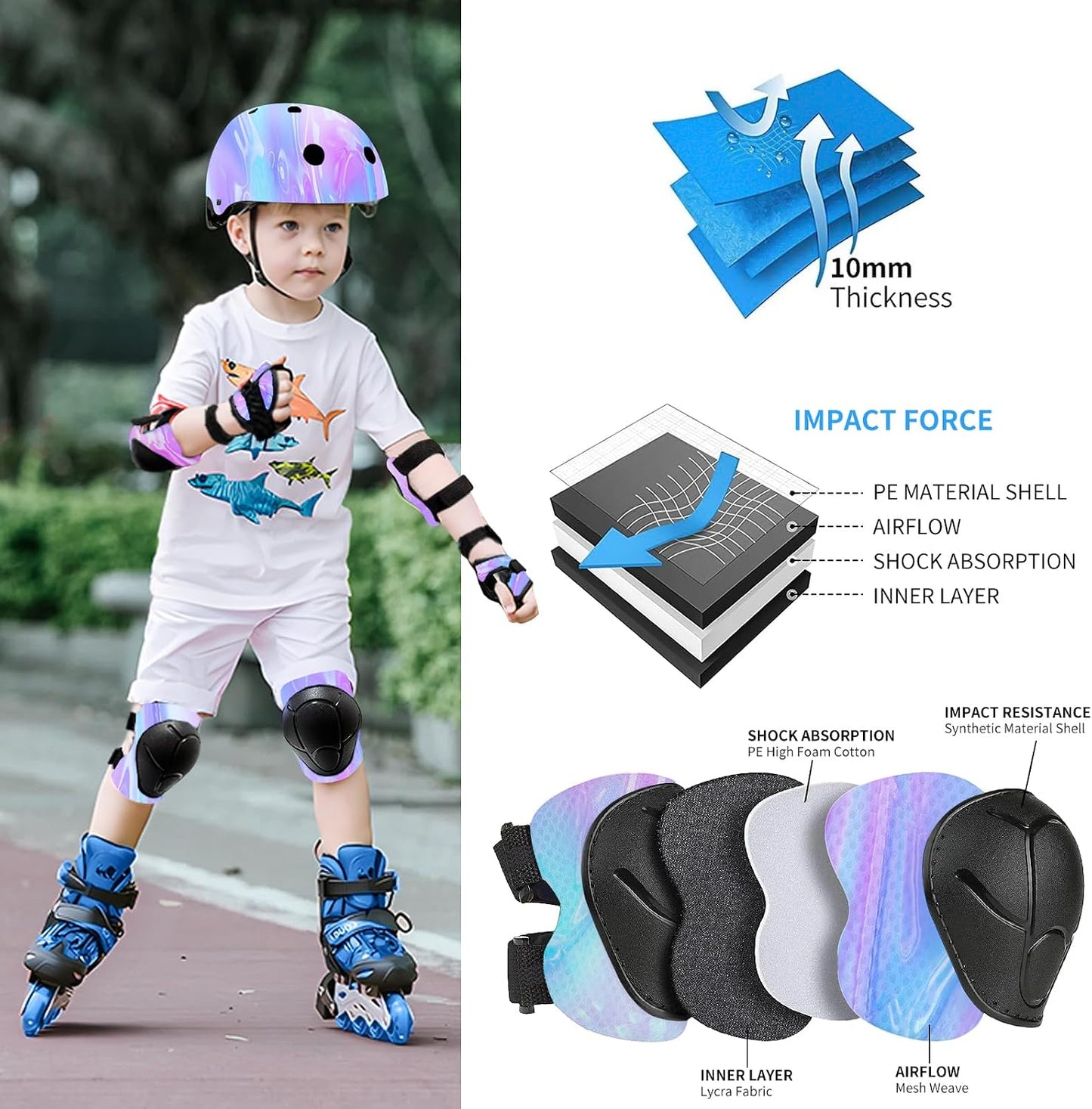 Adjustable Gradient Color Kids/Toddler Bike Helmet for 1-2-3-5-8-14 Years Boys Girls,Skateboard Helmet with Knee and Elbow Pads Wrist Guard for Skates