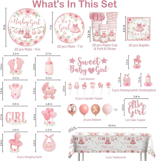 Xynic 171PCS Pink Baby Shower Decorations for Girl Tableware Set, 20 Serves Disposable Plates and Napkins Set, with Cake Topper, Centerpieces, Banner, Tablecloth, for Baby Shower Themes Girls