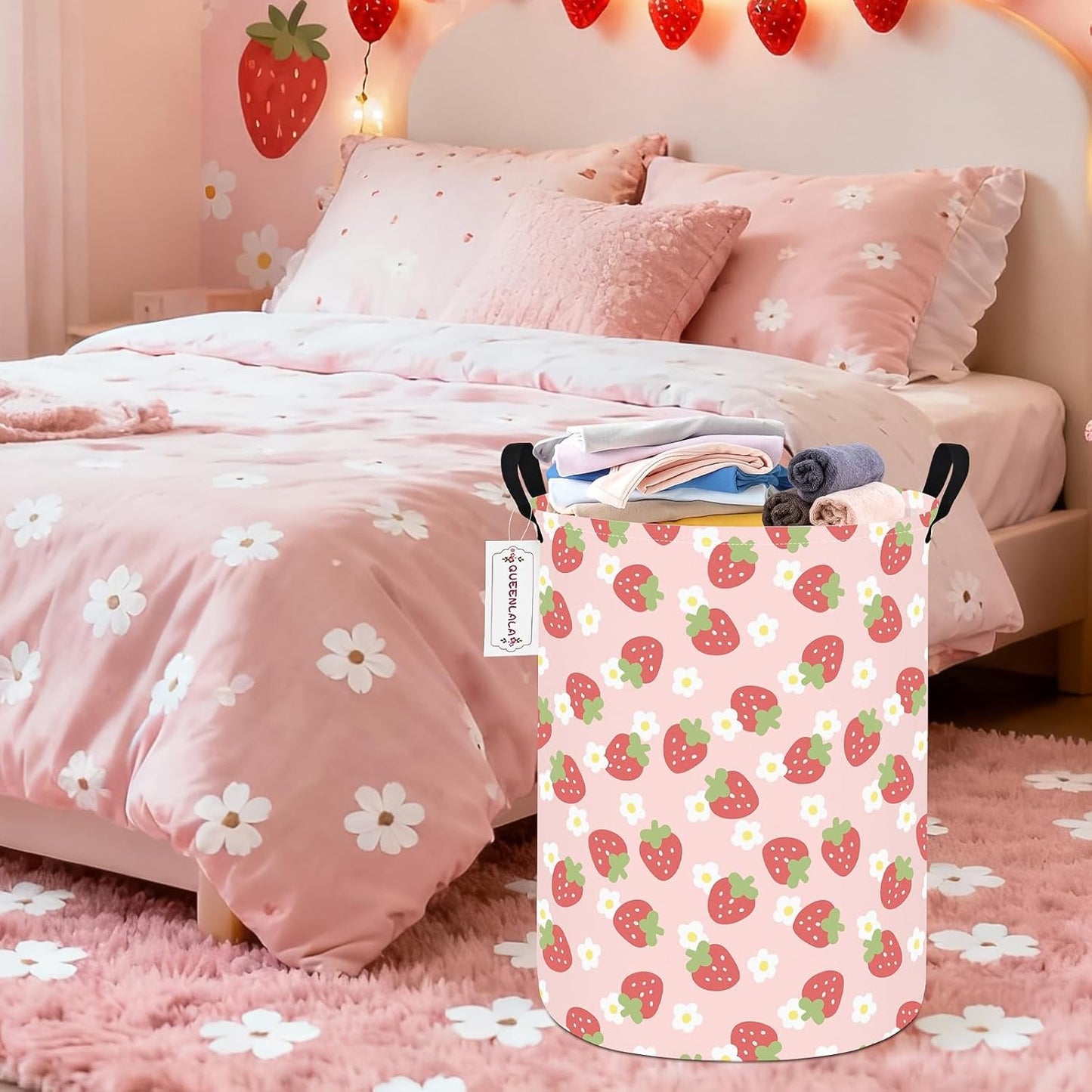 Round Waterproof laundry basket, Laundry Hamper for Nursery, Kids Toy Box Storage for Girls Boys, Diaper or plush toy gift basket, Foldable Fabric Basket(Round-Pink Strawberry)