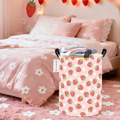 Round Waterproof laundry basket, Laundry Hamper for Nursery, Kids Toy Box Storage for Girls Boys, Diaper or plush toy gift basket, Foldable Fabric Basket(Round-Pink Strawberry)