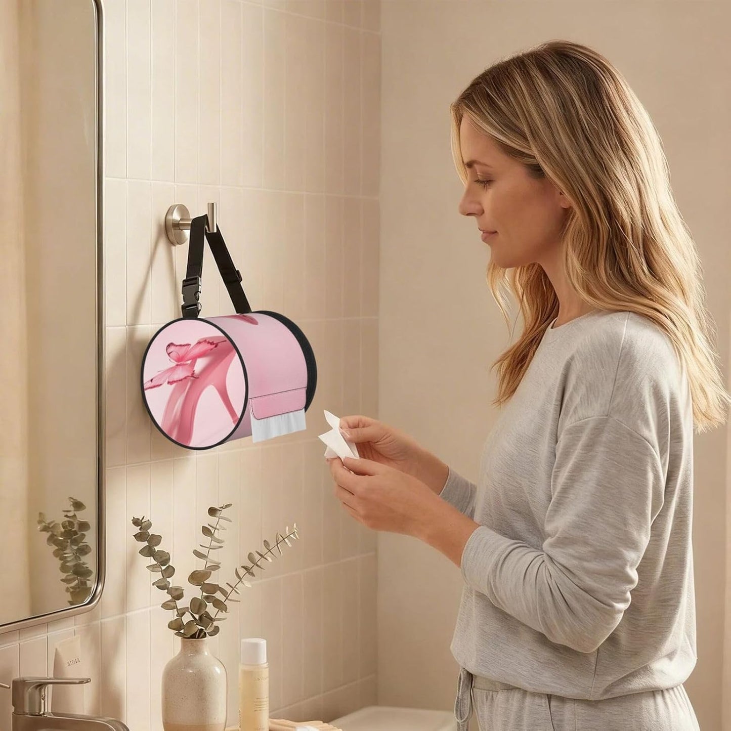 Oxford Cylinder Tissue Holder, Round Tissue Container Butterfly Pink High Heels - 6.3''X6.3'' Portable Toilet Paper Roll Cover Tissue Box for Home Car Camping Office Travel