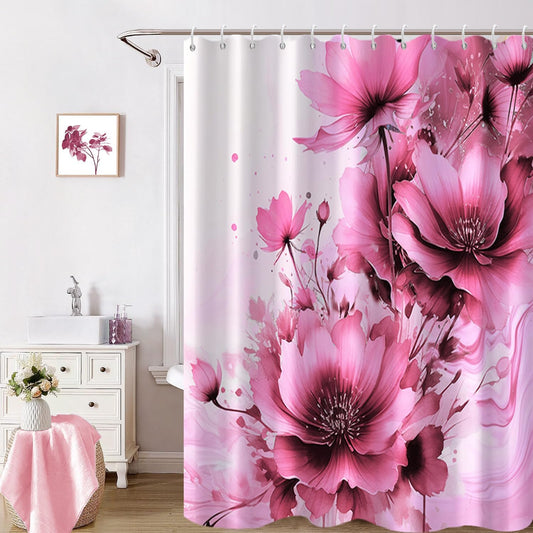 Floral Shower Curtain for Bathroom Pink Flowers Fabric Shower Curtain Set with Hooks Waterproof Machine Washable Marble Curtain 72" Wx72 L