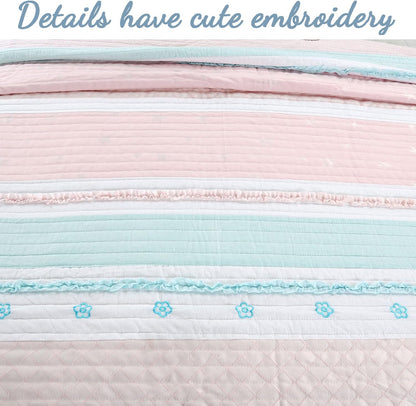 Cozy Line Home Fashions Light Pink Blue Ruffles Girl 100% Cotton Reversible Quilt Bedding Set, Coverlet, Bedspread (Candy, Twin - 2 Piece: 1 Quilt + 1 Sham)