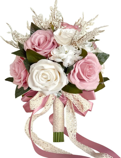 9 Inch Dusty Pink Wedding Bouquets for Bride Bridesmaid, Artificial Fake Roses Flowers Champagne Ivory Pastel Pink Bridal Bouquet Spring Fall Boho Rustic Wedding Decoration Toss Bouquet Prom