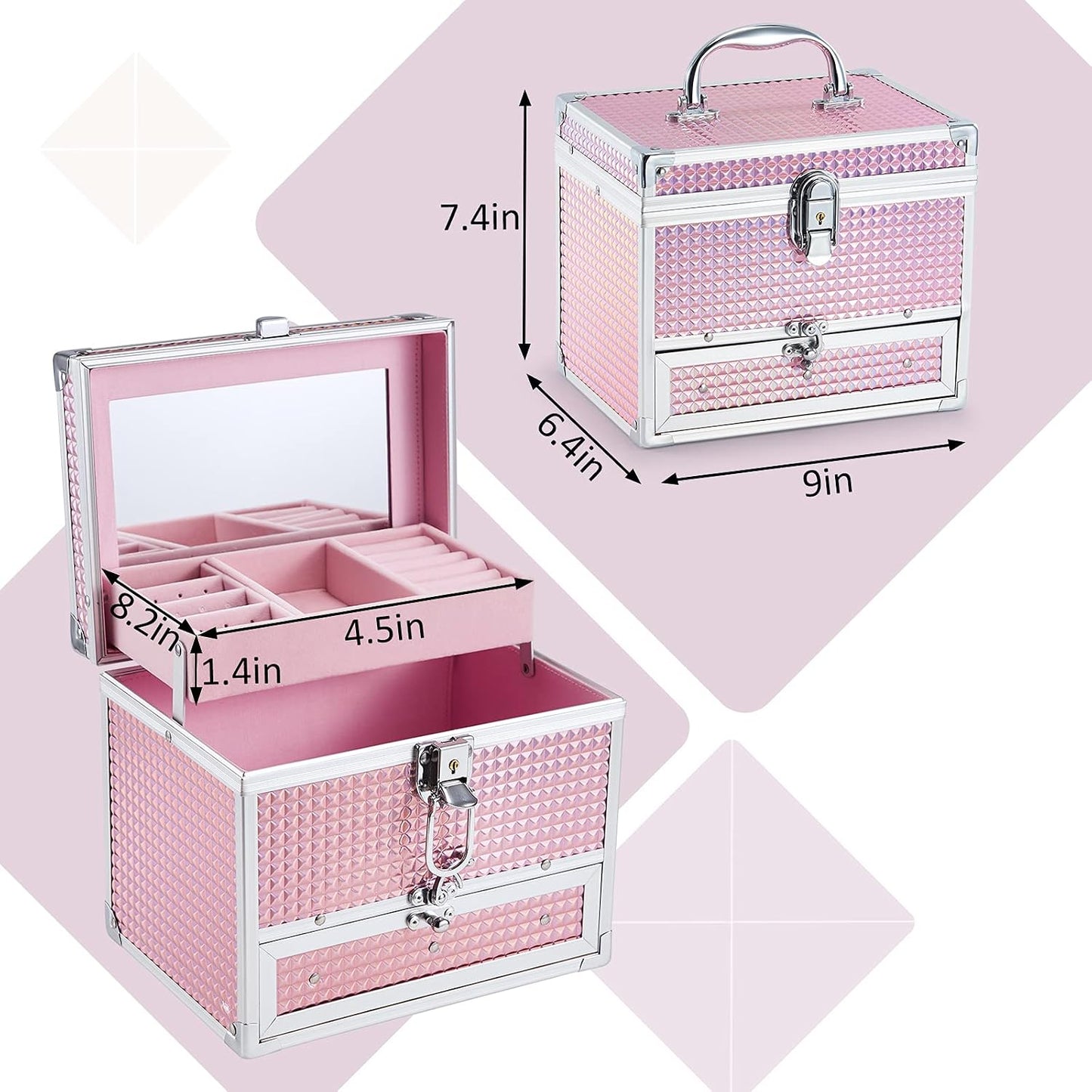 Hododou Girls Jewelry Box Organizer with Drawer & Mirror, Shiny Pink Style Lockable Storage Case for Kid or Little Girls Jewelry and Hair Accessories