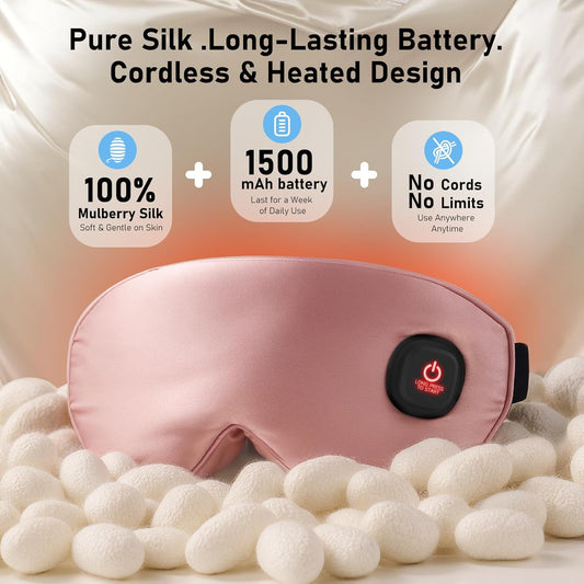LitBear Heated Eye Mask, Silk Cordless Warm Eye Compress for Dry Eyes, Light Blocking Heat Eye Mask for Women Men, Soft Eye Heating Pad for Dry Eyes, Travel, Rechargeable, Washable Cover (Pink)