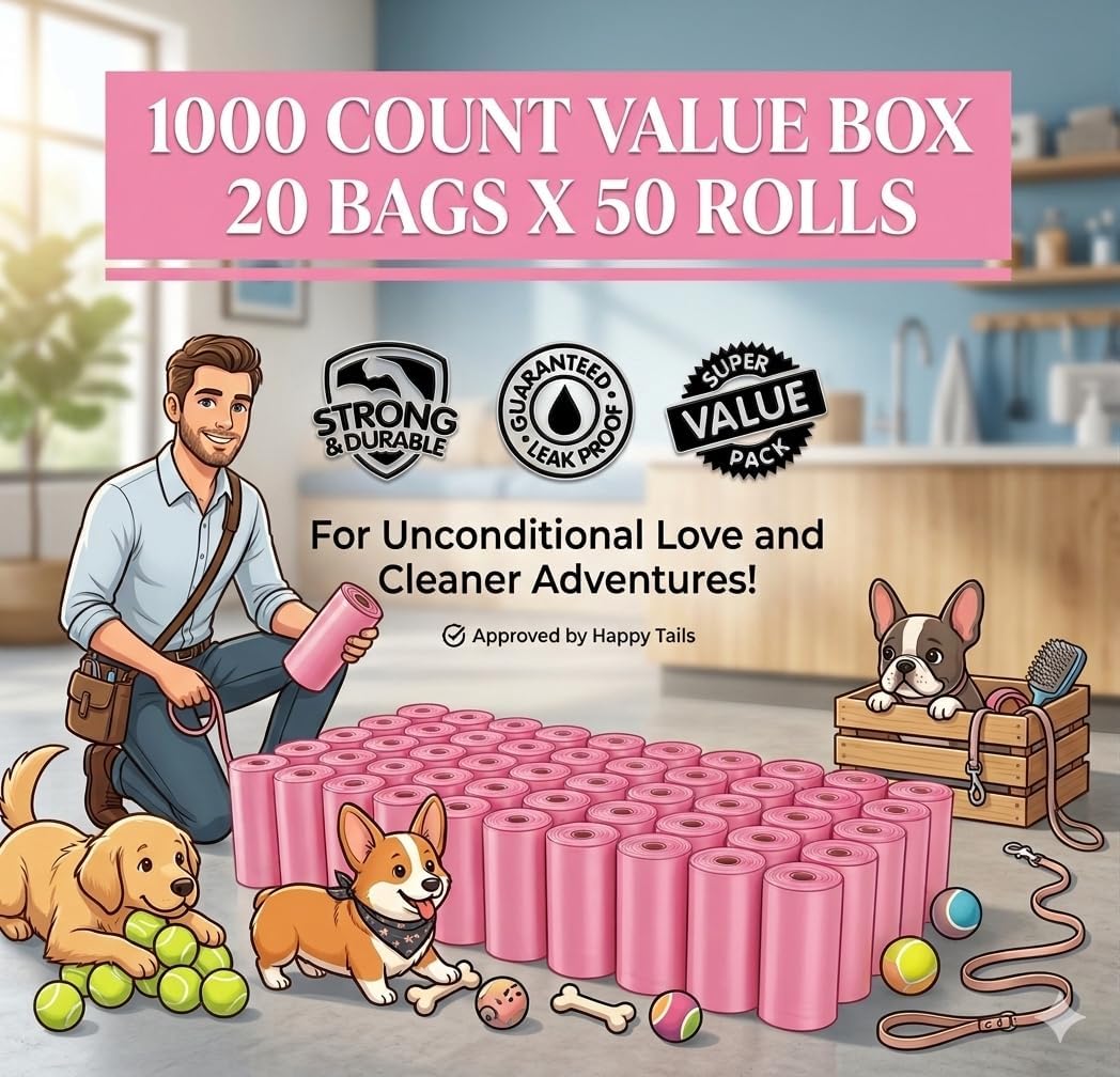 Pink Poop Bags - 1000 Count Dog Waste Bag, Cat Litter, EZ Pick Up Puppy Waste Disposal, 9"x12" Large