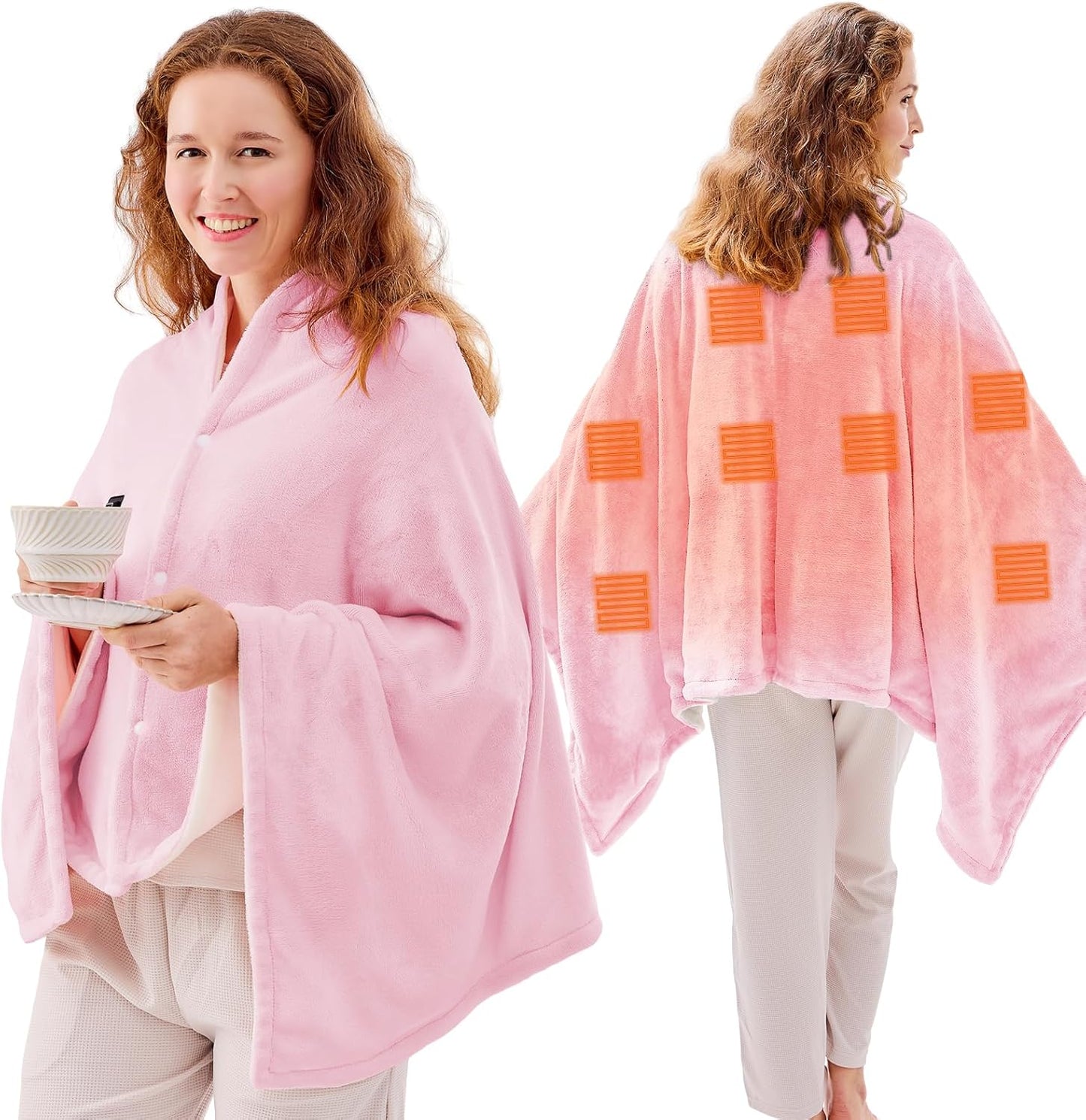 JOLLYVOGUE USB Heated Blanket Throw, Wearable & Portable Heating Electric Blanket for Adults, 3 Levels & 8 Heating Zone Shawl for Indoor & Outdoor, Pink (Battery Not Included)