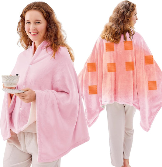 JOLLYVOGUE USB Heated Blanket Throw, Wearable & Portable Heating Electric Blanket for Adults, 3 Levels & 8 Heating Zone Shawl for Indoor & Outdoor, Pink (Battery Not Included)