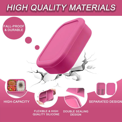 Silicone Adult Bento Box, 3 Compartment Leakproof Silicone Lunch Container, Lunch Box for Men and Women, BPA-Free, Microwave/Dishwasher/Freezer Safe, Reusable Snack Containers (3PCS-Pink)