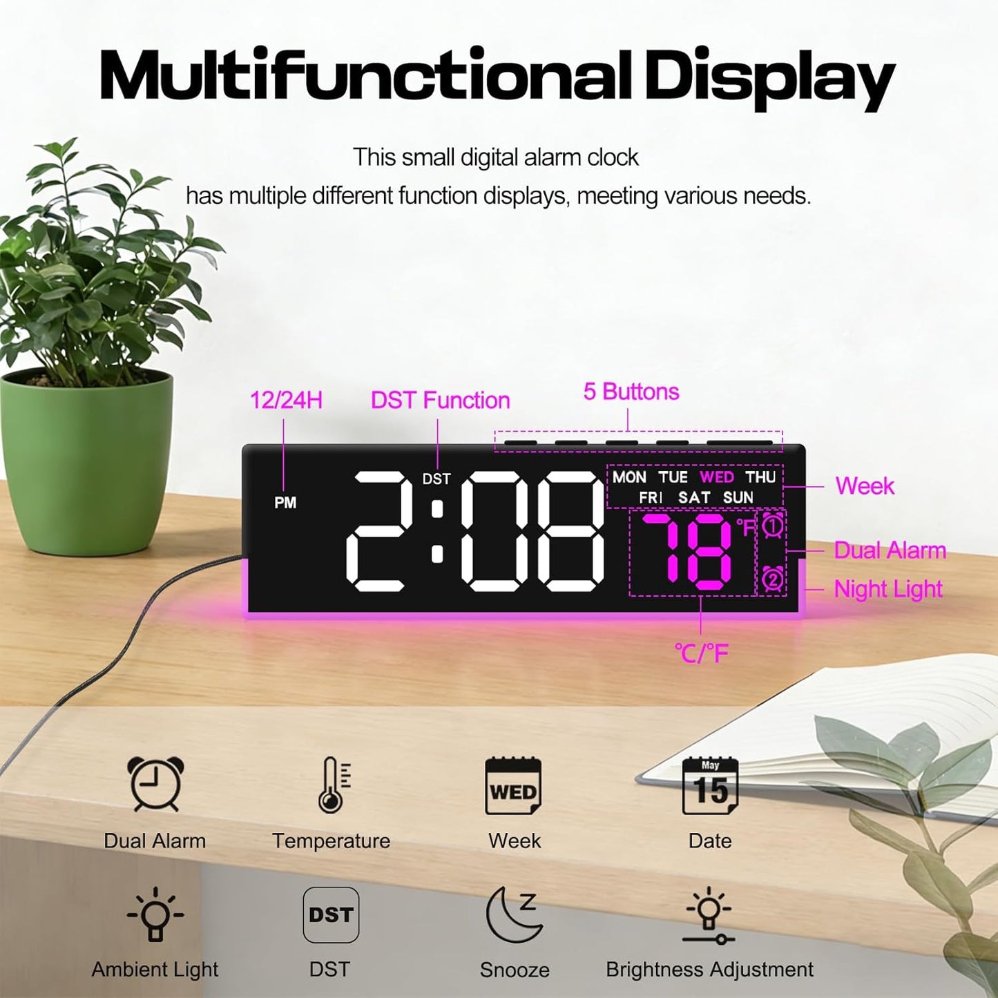Digital Alarm Clocks for Bedrooms with Light, 7 Inch Small Digital Clock, Bedside Digital Clock with LED Display, Loud Alarm Clock for Heavy Sleepers Adults, Teens, Kids - Ideal Gift