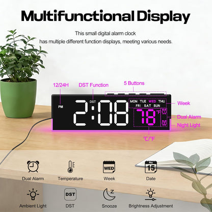 Digital Alarm Clocks for Bedrooms with Light, 7 Inch Small Digital Clock, Bedside Digital Clock with LED Display, Loud Alarm Clock for Heavy Sleepers Adults, Teens, Kids - Ideal Gift