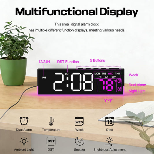 Digital Alarm Clocks for Bedrooms with Light, 7 Inch Small Digital Clock, Bedside Digital Clock with LED Display, Loud Alarm Clock for Heavy Sleepers Adults, Teens, Kids - Ideal Gift