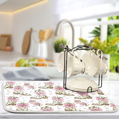 Dish Drying Mat for Kitchen Counter Brown Cow Print Boots Bows Light Pink Absorbent Drying Dish Mat 18×24 inch Dish Rack Pad Coffee Mat for Sink Dishes Under Rack