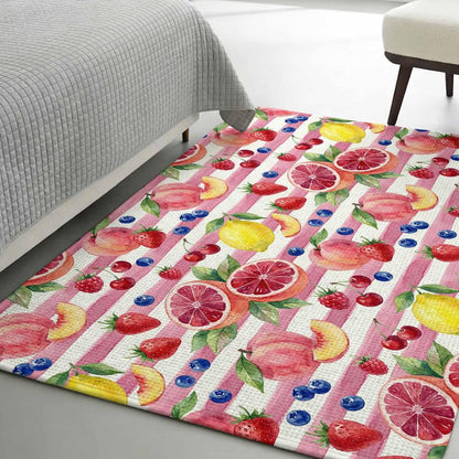 Living Room Rug Summer Peach Lemon Grapefruit Area Rug Washable Rugs for Bedroom Dining Room, Blueberry Strawberry Pink Stripe Non-Slip Absorbent Floor Carpet Area Rugs 63x91in