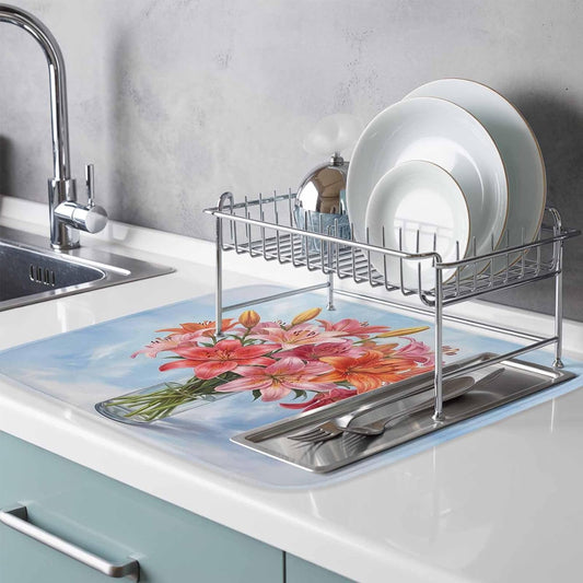 Kitchen Drying Mat for Counter Watercolor Pink Lily Floral Absorbent Dish Mats Foldable Microfiber Drainer Pad Flower Vase on Light Blue Plate Holder Mat for Countertop Sink Decor