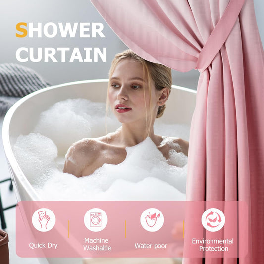 15 Pcs Shower Curtain Set Pink Bathroom Sets with Shower Curtain and Rugs Ombre Waterproof Thicken Waffle Shower Curtain with 2 Piece Non-Slip Luxury Bathroom Rugs and 12 Hooks for Bathroom Decor