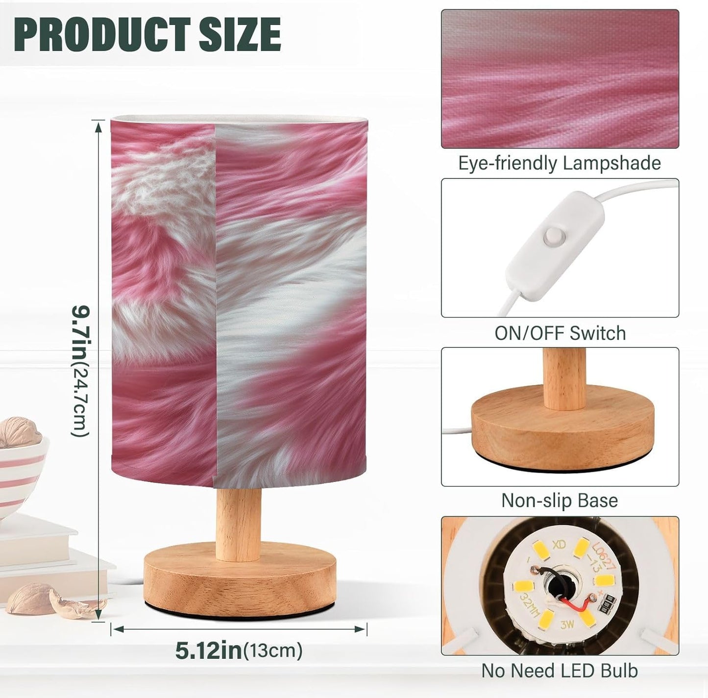 Table LED Lamps Pink and White Fur Bedroom Night Light Bedside Lamps with USB Ports Nightstand Lamps Wood Base Living Room Dorm Office
