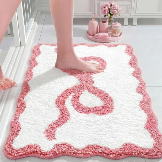 Tinideya Pink Bow Bathroom Rug 20" x 32" Scalloped Bow Bath Mat Non Slip Cute Coquette Aesthetic Carpet Preppy Room Decor Microfiber Absorbent Mat for Bathtub Shower Bedroom Gift