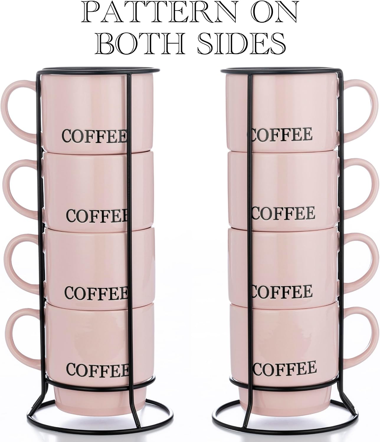 Signature Housewares Stackable Coffee Mug Tower Set with Metal Wire Rack - 15 Ounce Coffee Mugs for Coffee, Tea, Cocoa, Milk, Cappuccino, Hot Chocolate Set of 4 - Pink Coffee