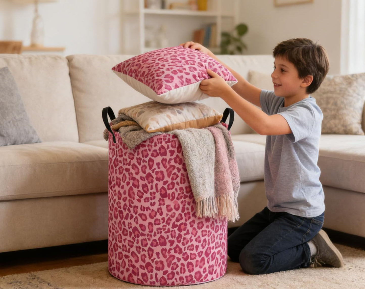 Kids Laundry Basket Pink Hamper for Nursery Hamper Cute Kids Storage Bin Room Decor for Home(Pink leopard print)