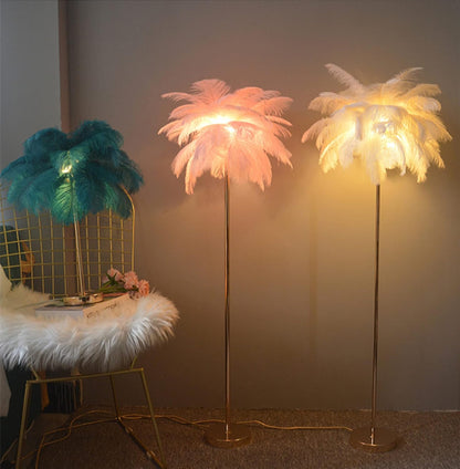 Natural Ostrich Feather Floor Lamp, 3-Way Color Temperature,Simple Modern Bedroom and Living Room Standing Lamp, Golden Lamp Body, G4-LED Bulb (Pink)