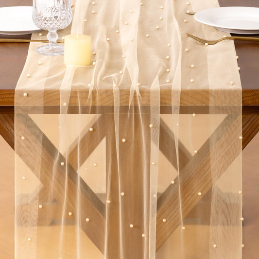 Socomi Pearl Table Runner Tulle Summer Cheesecloth 10FT Gauze Cheese Cloth Sheer Chiffon Wedding Birthday Party Baby Shower Bridal Anniversary Holiday Centerpiece Table Decor 3pcs Peach