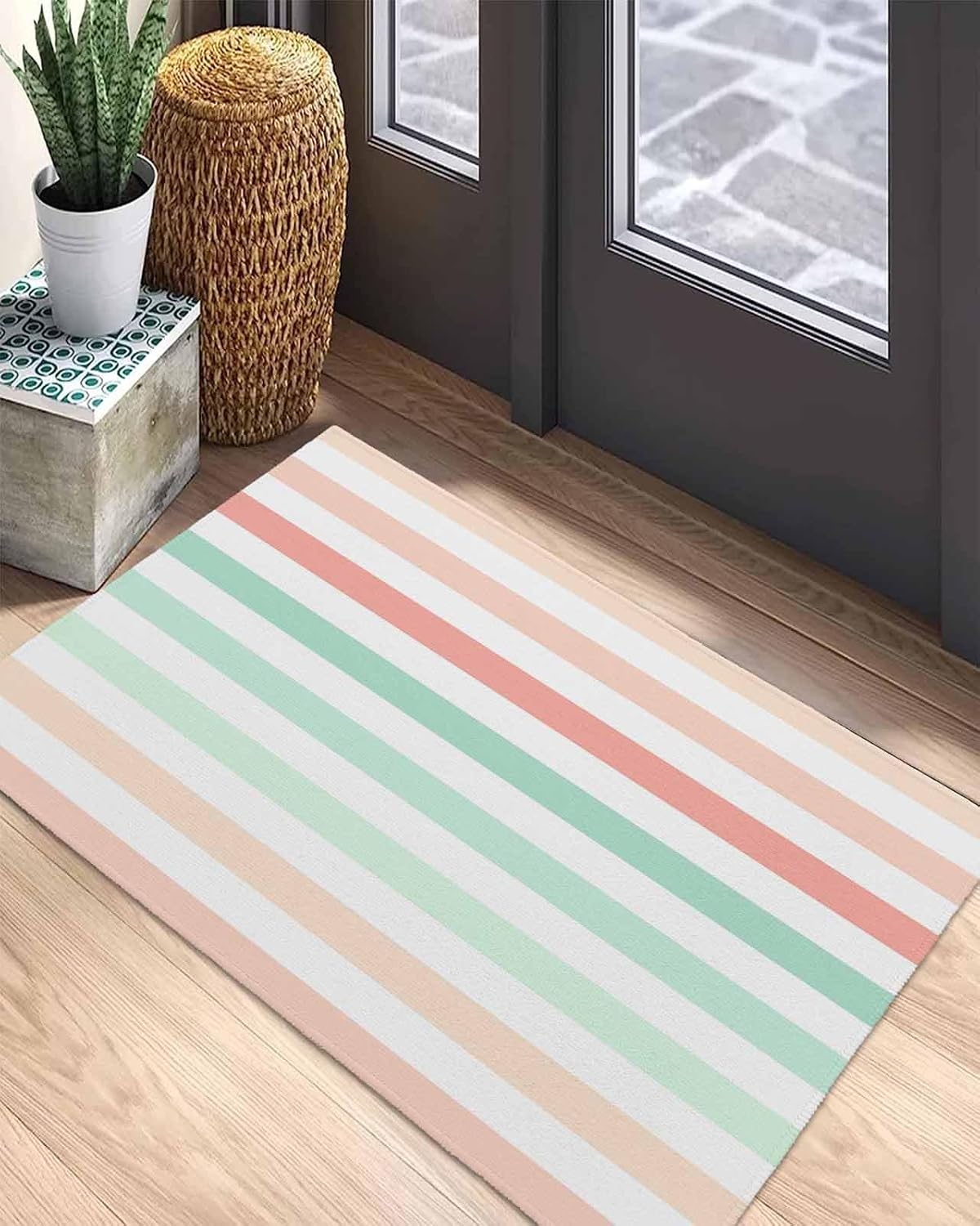 Front Door Mat Outdoor, Peach Pink Green Ombre Absorbent Non Slip Indoor Entry Rug, Farmhouse Stripe Modern Low-Profile Doormat Washable Rugs for Bathroom, Kitchen, 24x36in