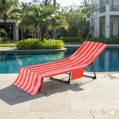Beach Lounge Chair Towel Cover,Soft Microfiber Chaise Lounge Towel Cover Patio Pool Chairs Cover with Side Pockets,80" x 26" Chair Cover for Beach/Pool Sunbathing (Orange and Pink Stripe)