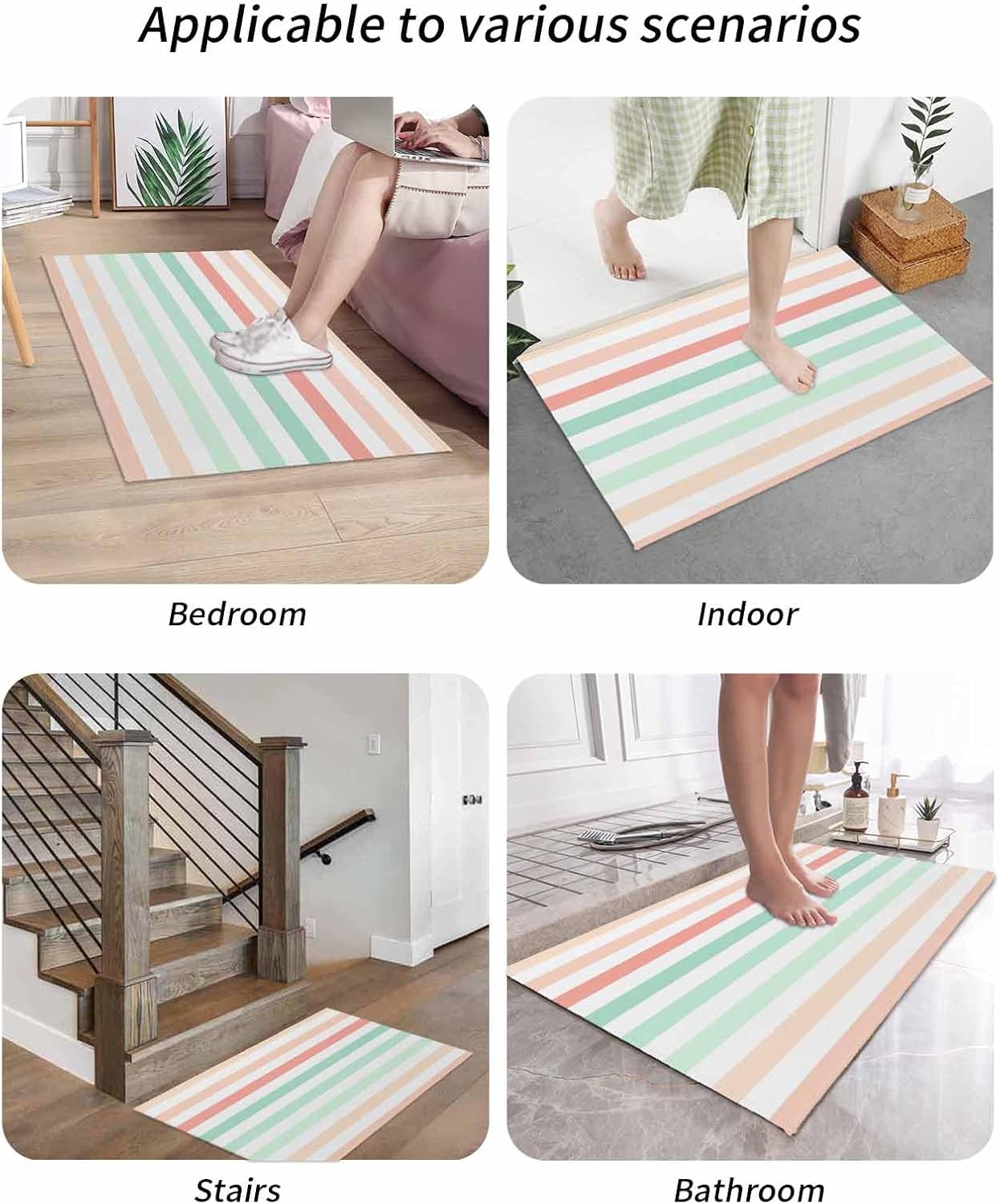 Front Door Mat Outdoor, Peach Pink Green Ombre Absorbent Non Slip Indoor Entry Rug, Farmhouse Stripe Modern Low-Profile Doormat Washable Rugs for Bathroom, Kitchen, 24x36in