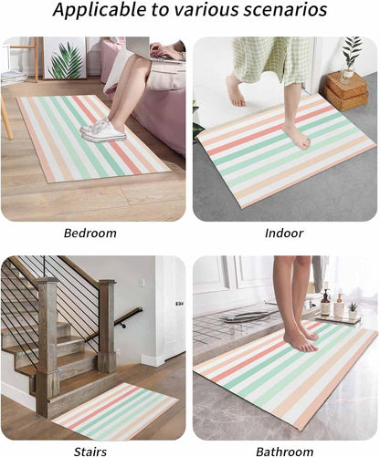 Front Door Mat Outdoor, Peach Pink Green Ombre Absorbent Non Slip Indoor Entry Rug, Farmhouse Stripe Modern Low-Profile Doormat Washable Rugs for Bathroom, Kitchen, 24x36in