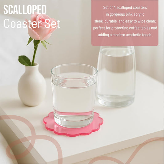 Scalloped Acrylic Coasters, Set of 4 – Thick, Durable Transparent Pink Drink Coasters, Easy-to-Clean Modern Table Protectors for Coffee Tables, Desks & Home Decor