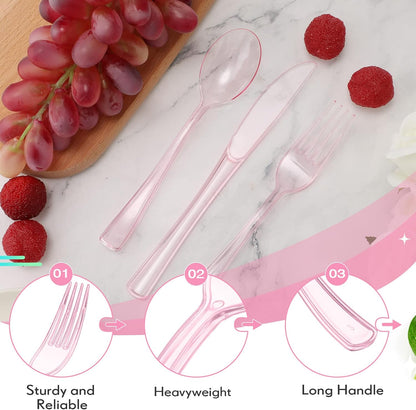 Minatee 150 Pieces Disposable Cutlery Set Plastic Silverware Heavy Duty Utensil Sets 50 Forks 50 Knives 50 Spoons for Home Office School Party Picnics Restaurant Outdoor Events(Pink)