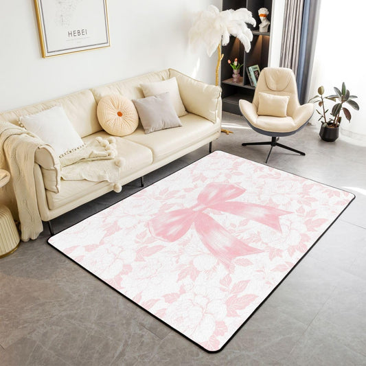 Castle Fairy Preppy Coquette Bows Mat Rug for Living Room Bedroom,Watercolor Flowers Soft Cozy Carpet Dreamy Princess Style Decor Floor Mat Peach Pink Room Decorative Rug,3x5