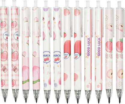 Maydahui 12 Pcs Cute Peach Eternal Pencils 0.5mm Retractable Fruit Inkless Pens Durable Technology Magic Pencils for school Office Writing Painting Drawing (Peach Fruit)
