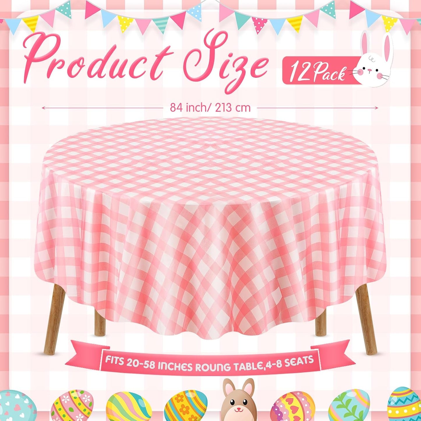 12 Pcs Pink Plastic Disposable Round Gingham Tablecloth, 84 in Checkered Buffalo Plaid Round Table Cloth Circle Table Cover, Heavy Duty, Easy to Clean for Baby Shower Wedding Bridal Birthday Party