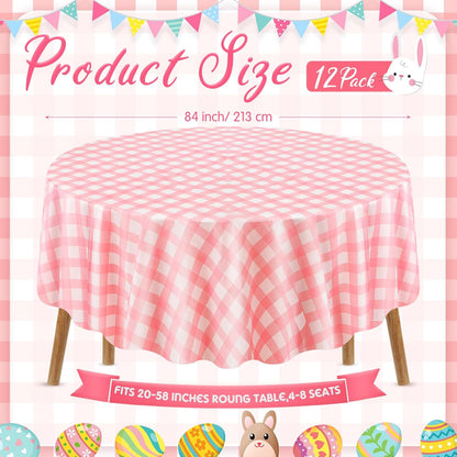 12 Pcs Pink Plastic Disposable Round Gingham Tablecloth, 84 in Checkered Buffalo Plaid Round Table Cloth Circle Table Cover, Heavy Duty, Easy to Clean for Baby Shower Wedding Bridal Birthday Party