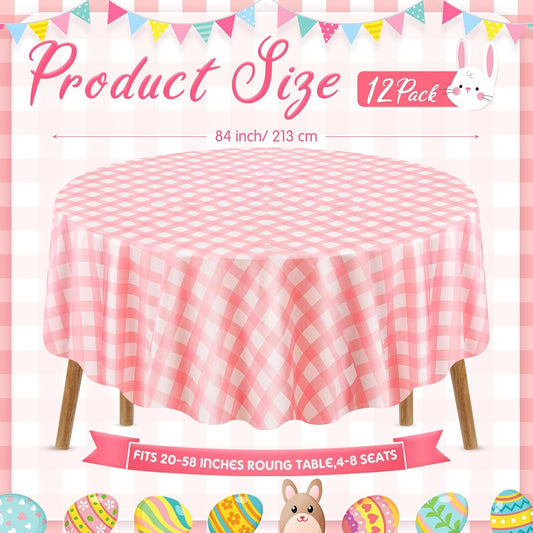 12 Pcs Pink Plastic Disposable Round Gingham Tablecloth, 84 in Checkered Buffalo Plaid Round Table Cloth Circle Table Cover, Heavy Duty, Easy to Clean for Baby Shower Wedding Bridal Birthday Party