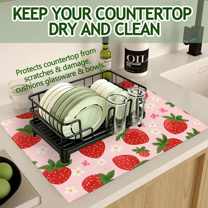 Pink Cute Strawberry Flowers Dish Drying Mat for Kitchen Counter Floral Absorbent Microfiber Dish Drainer Mats Reusable Washable Dishes Draining Rack Pad 18x24 Inch