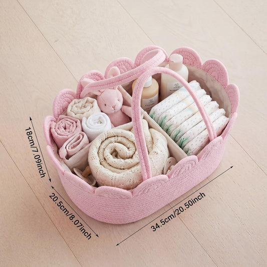 Hushee Pink Diaper Caddy Organizer for Nursery Storage Bin, Scalloped Edge Cotton Rope Basket with Removable Divider, Portable Changing Table Holder for Newborn Essentials and Shower Gifts