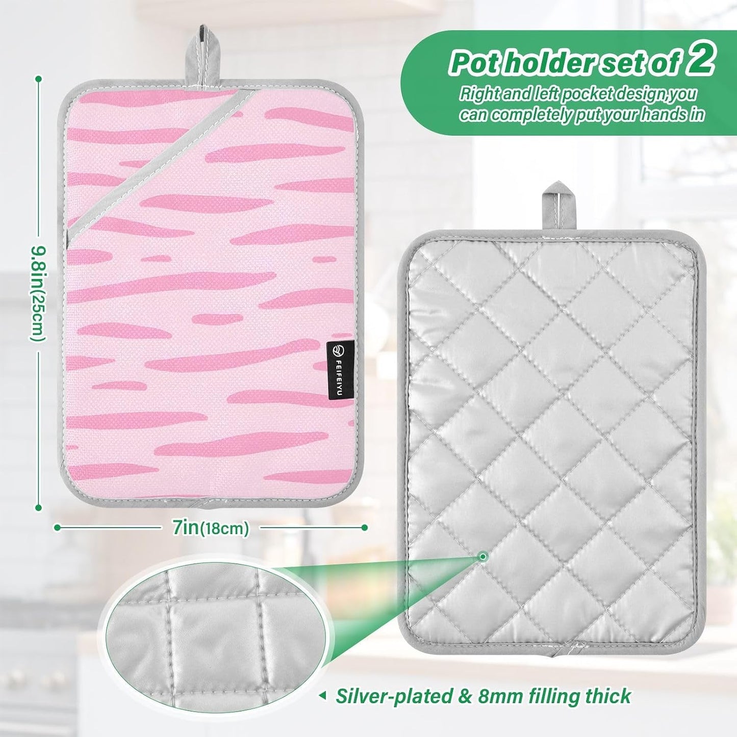 Pink Pastel Stripe 2 Pack Heat Resistant Pot Holders, Thick Quilted Oven Mitts with Pocket, Heavy Duty Potholders for Kitchen Baking BBQ Grill, Machine Washable 7x9.8 Inch