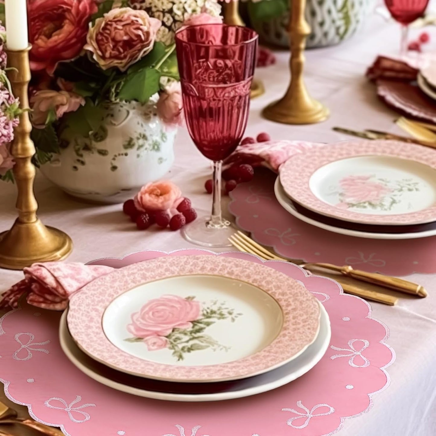 4 Pcs Pink Bow Placemats Coquette Embroidered Place Mats Pink Cotton Decorative Table Mats for Home Wedding Baby Shower Birthday Party Decor(Round Embroidered)